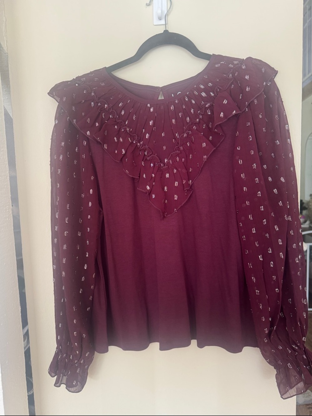 LOFT Burgundy Ruffle Yoke Sheer Sleeve Blouse